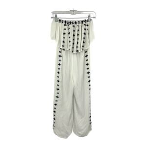 Sincerely Jules White Navy Blue Embroidered Ruffle Cropped Jumpsuit Size XS